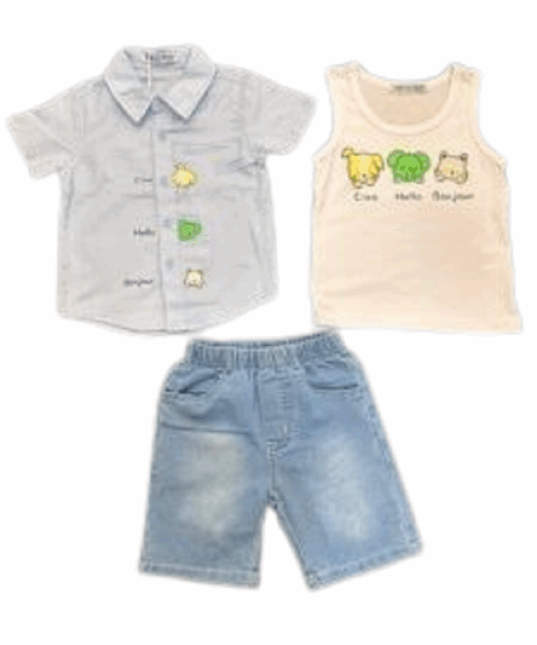 3-Piece Baby Boy Outfit Set – Button Shirt, Printed Tank Top & Denim Shorts for Summer