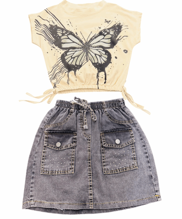 Girls 2-Piece Outfit Set – Butterfly Graphic Crop Top and Denim Skirt | Cute Summer Clothes for Tween & Teen Girls | Casual Stylish Clothing Set