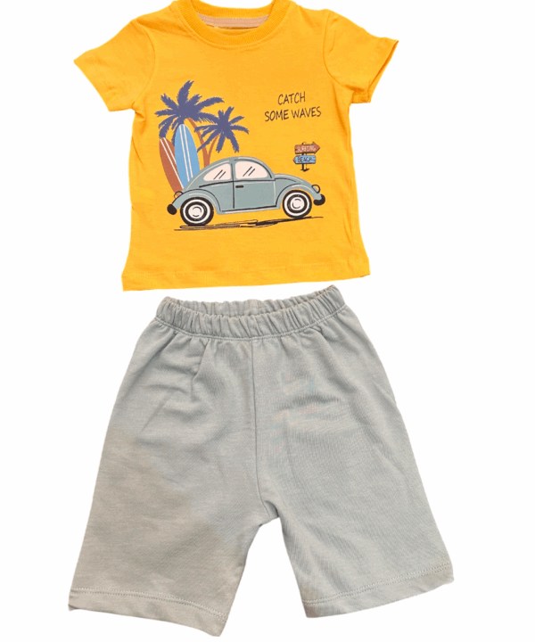 Boys Summer Outfit – Yellow “Catch Some Waves” T-Shirt and Blue Shorts Set – Toddler Boys 1-5 Years