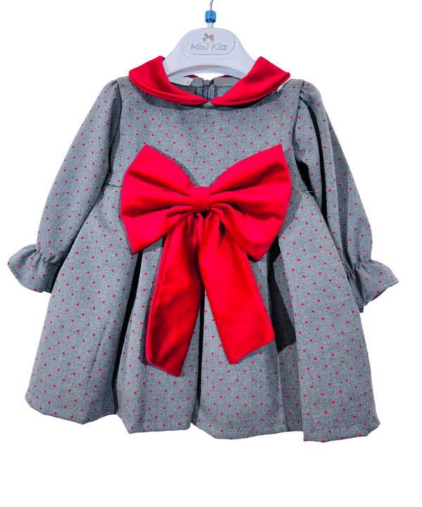 Girls Long Sleeve Winter Dress – Grey Polka Dot Party Dress with Big Red Bow for Toddlers