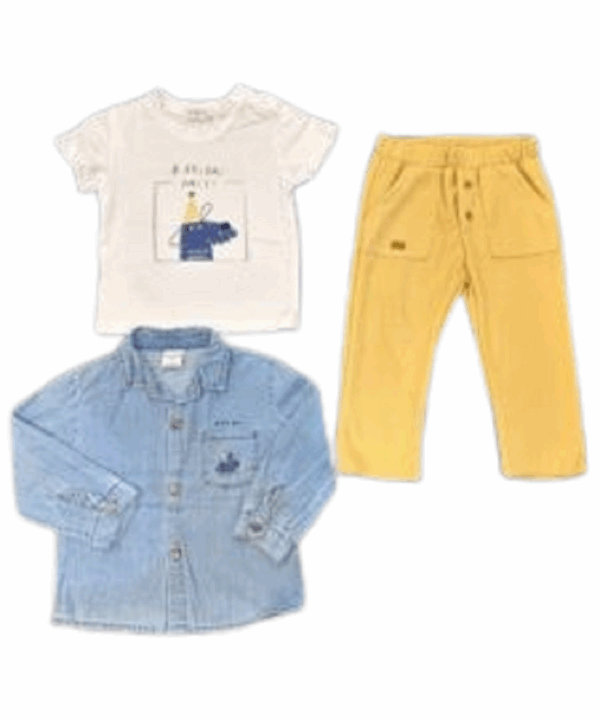 Baby Boy Outfit Set – Cartoon Birthday T-Shirt, Yellow Pants & Denim Shirt – Toddler Casual Clothes for Daily & Party Wear