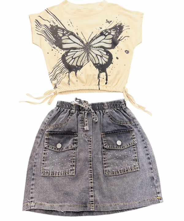 Girls 2-Piece Outfit Set – Butterfly Graphic Crop Top and Denim Skirt | Cute Summer Clothes for Tween & Teen Girls | Casual Stylish Clothing Set