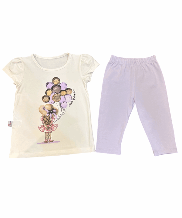 Girl's Balloon & Doll Leggings Set - Charming 2-Piece Outfit in White & Violet
