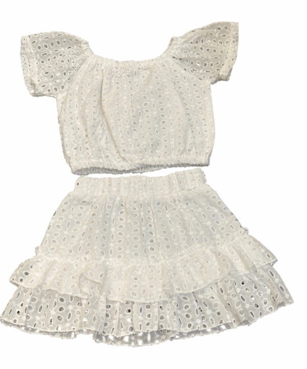 Girls White Eyelet Cotton Set – Ruffle Skirt & Off-Shoulder Top – Elegant Summer Outfit for Toddlers