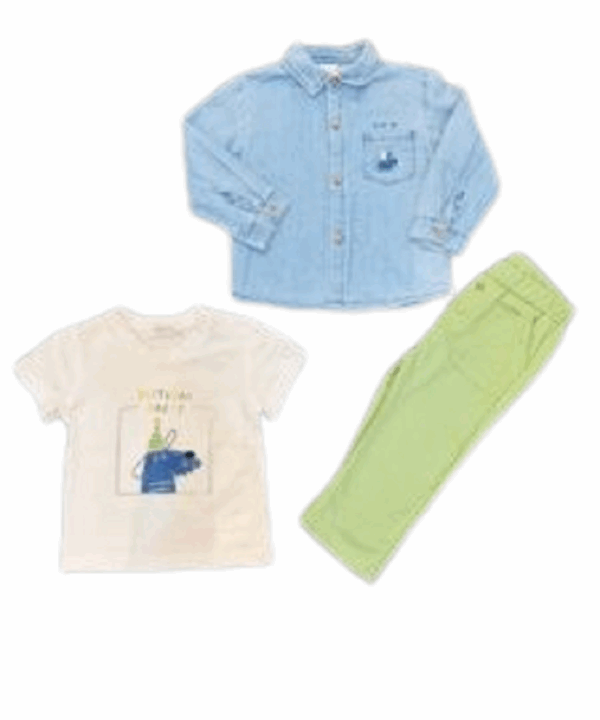 Baby Boy Clothes Outfit Set 3 Pieces – Denim Shirt, Cartoon Birthday T-Shirt & Green Pants | Toddler Clothing Set for Casual Wear, Party & Everyday Comfort