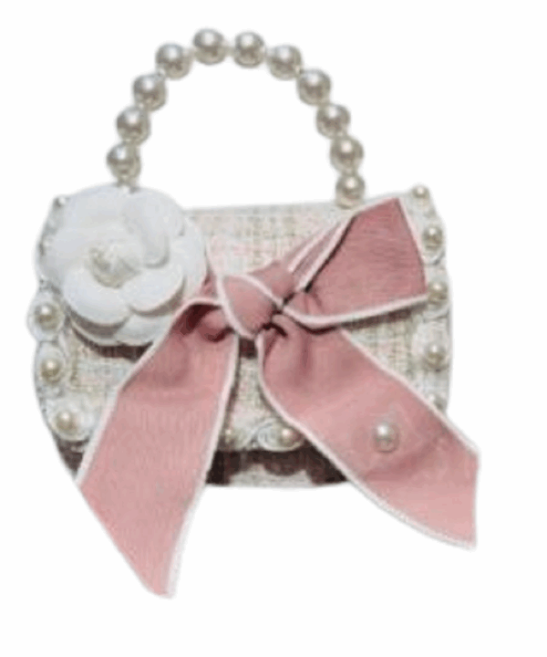 Girls' Mini Handbag – Cute Pearl Handle Purse with Bow & Flower Design | Elegant Tweed Shoulder Bag for Kids & Toddlers – Dress Up, Parties, Gifts