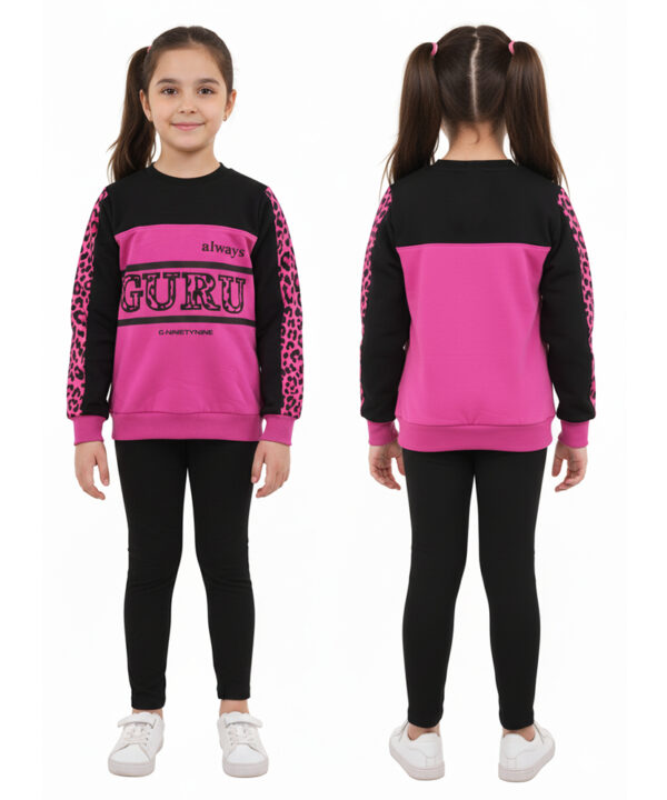 GURU Girls’ Animal Print Sweatshirt Set – Pink & Black Two-Piece Outfit with Bold Leopard Sleeves – G-99 Style
