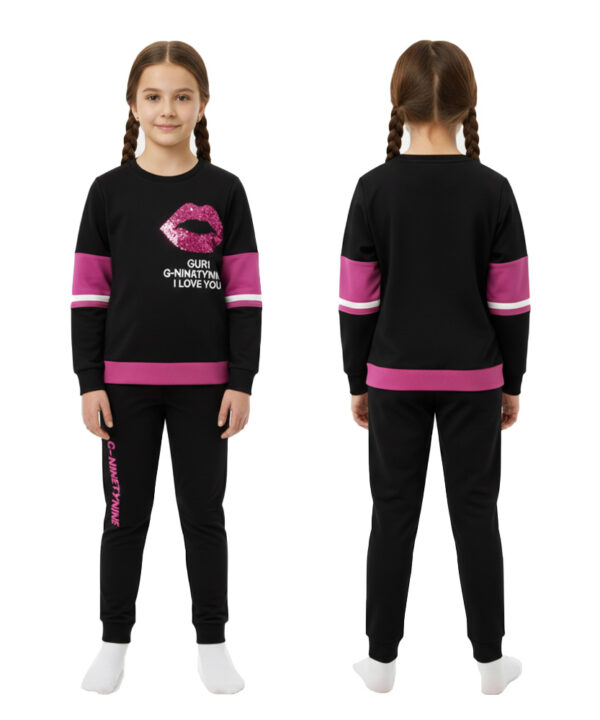 Black & Pink Kids Outfit – Glitter Lip Print Sweatshirt with Color Block Sleeves and Matching Black Leggings