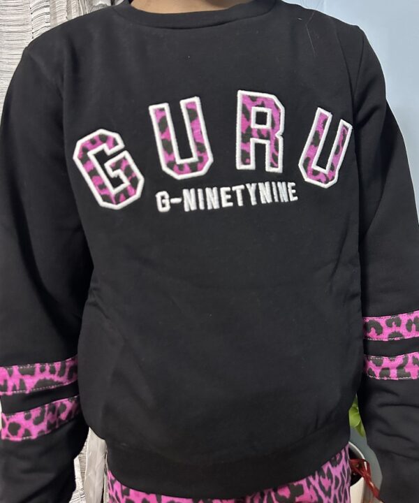 Bold Black & Pink Leopard Print Kids Outfit – "GURU G-NINETYNINE" Sweatshirt with Matching Pants