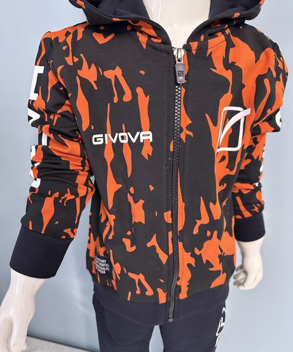 Stylish GIVOVA kids' hoodie in a striking black and orange design with zip closure, perfect for sporty or casual wear.