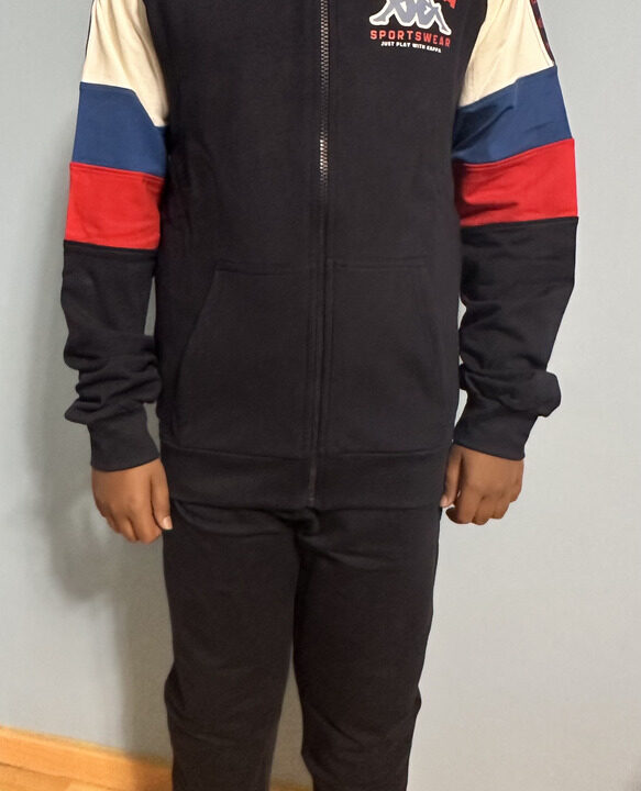 Kappa Sportswear Full-Zip Tracksuit for Kids – Tricolor Sleeve Hoodie & Jogger Set | “Just Play with Kappa” Edition