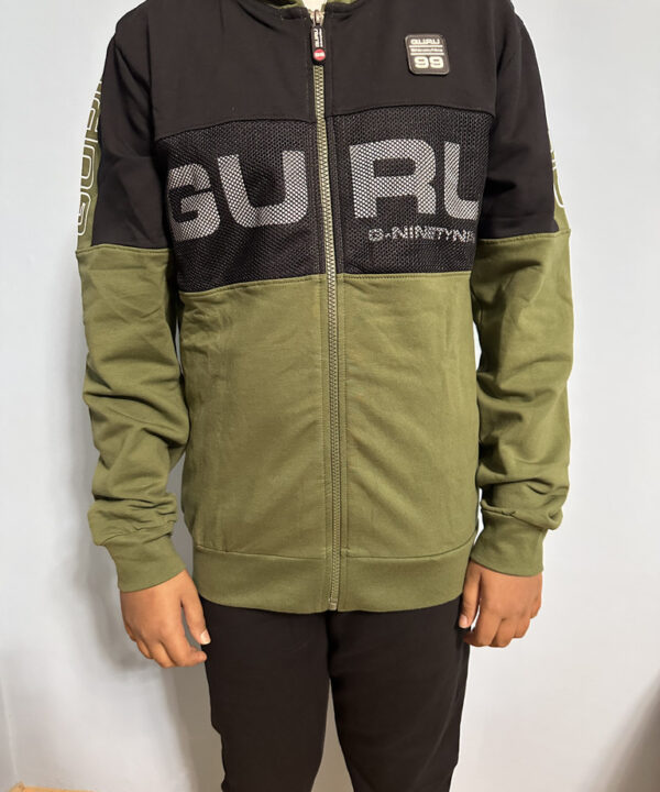 Boys Zip-Up Hoodie – Olive Green and Black Full Sleeve Jacket with Front Mesh Detail