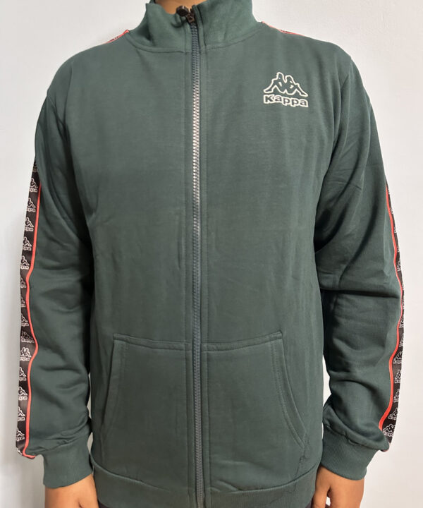 Kappa Full-Zip Track Jacket – Dark Green Sportswear with Logo Taped Sleeves and Dual Pockets