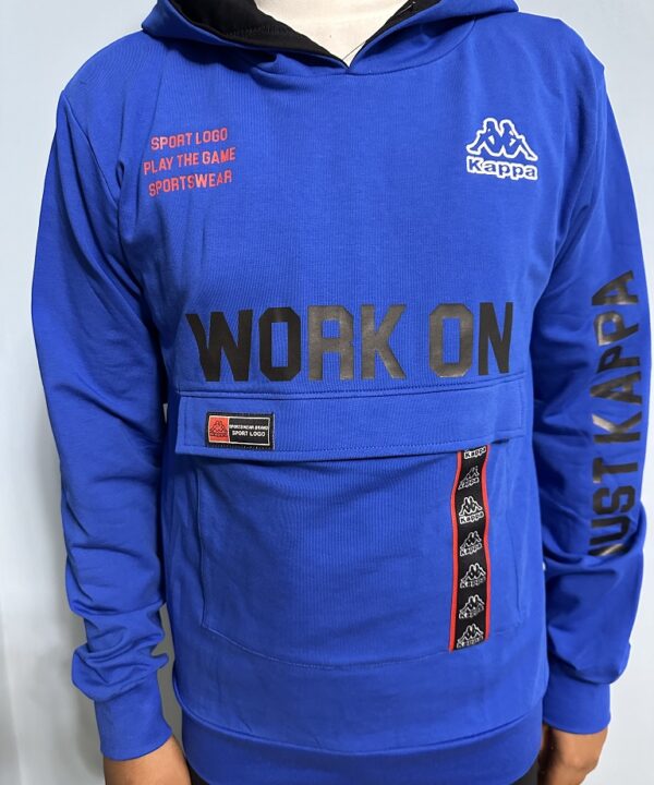 Bold Blue Kappa “WORK ON” Motivational Hoodie – Streetwear Meets Sportswear with Iconic Branding and Utility Design