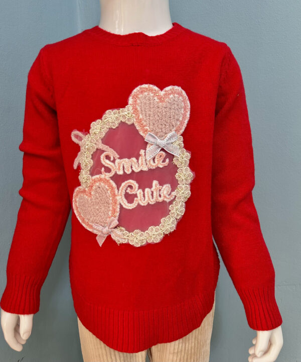 Red kids sweater with heart applique and smile cute embroidery soft knit pullover for girls winter wear