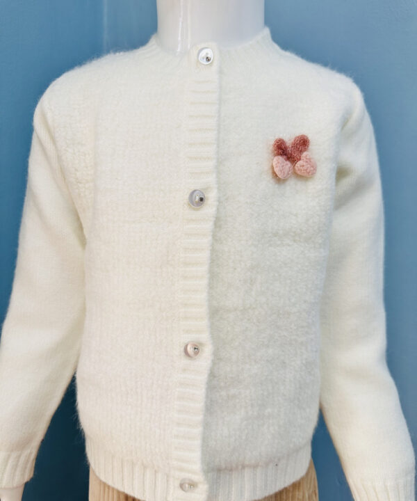 White front open kids sweater with button closure and pink heart design soft warm winter cardigan for girls
