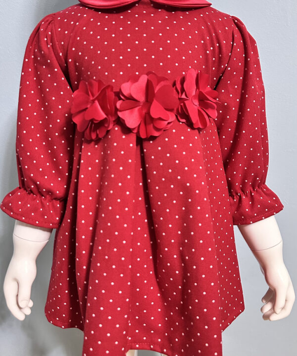 Toddler polka dot party dress with floral waist long sleeves soft fabric and cute peter pan collar for girls
