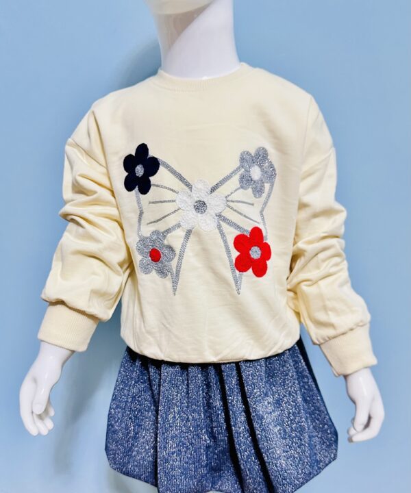 Girls Butterfly Sweatshirt and Skirt Set – Long Sleeve Cotton Top & Blue Pleated Skirt | Cute 2-Piece Outfit for Kids