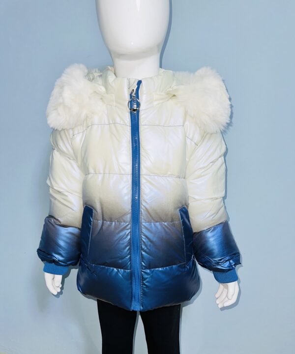 Kids Winter Puffer Jacket – Warm Gradient Blue & White Coat with Faux Fur Hood | Windproof Zip-Up Outerwear