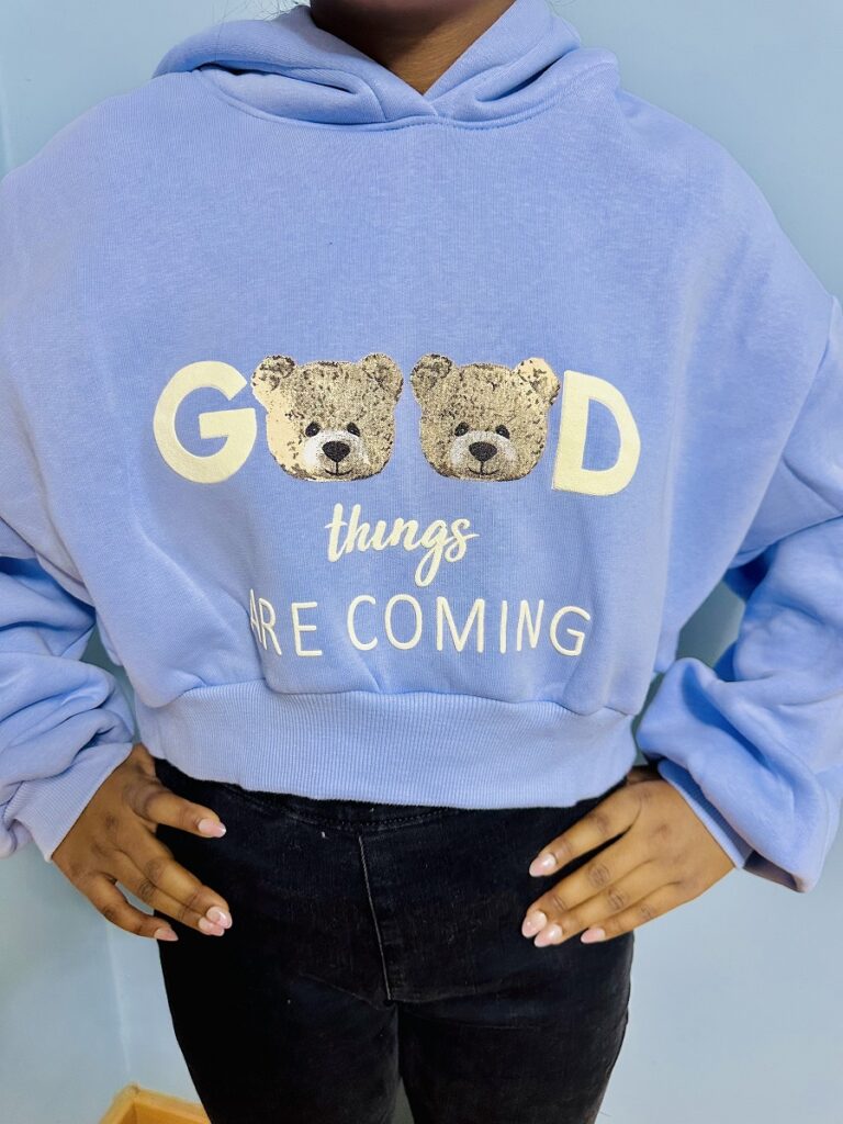 Blue “Good Things Are Coming” Teddy Bear Hoodie – Soft Cozy Pullover with Cute Design, Casual Positive Vibes Wear