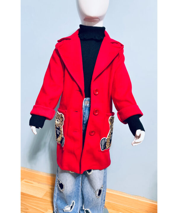 Red Girls’ Long Coat with Teddy Bear Pocket Design 
