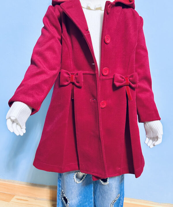 Red Girls’ Long Winter Coat with Bow Back Design – Warm & Stylish Outerwear