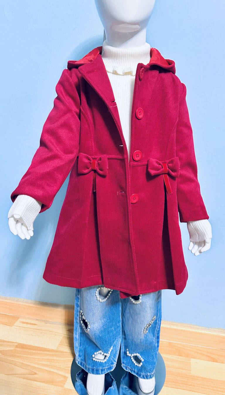 Red Girls’ Long Winter Coat with Bow Back Design – Warm & Stylish Outerwear
