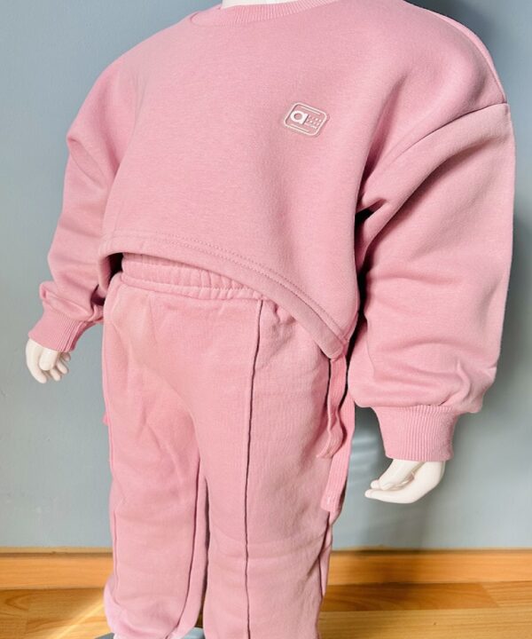 Kids Pink Tracksuit Set – Soft Cotton Fleece Sweatshirt & Jogger Pants | Cozy 2-Piece Loungewear Outfit.