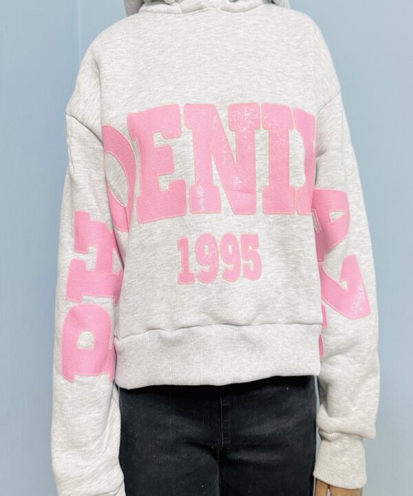Trendy Women’s Oversized Hoodie – Grey Sweatshirt with Bold Pink “DENIM 1995” Print, Casual Streetwear