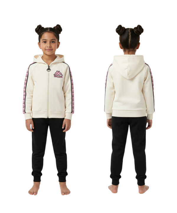 Kids' Full-Zip Hoodie with Pink Side Stripe – Soft Beige Sweatshirt with Hood, Stylish Contrast Trim