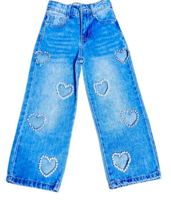 Girls Heart Rhinestone Jeans | Stylish Denim Pants for Kids | Sparkly Wide-Leg Jeans | Trendy Casual Wear